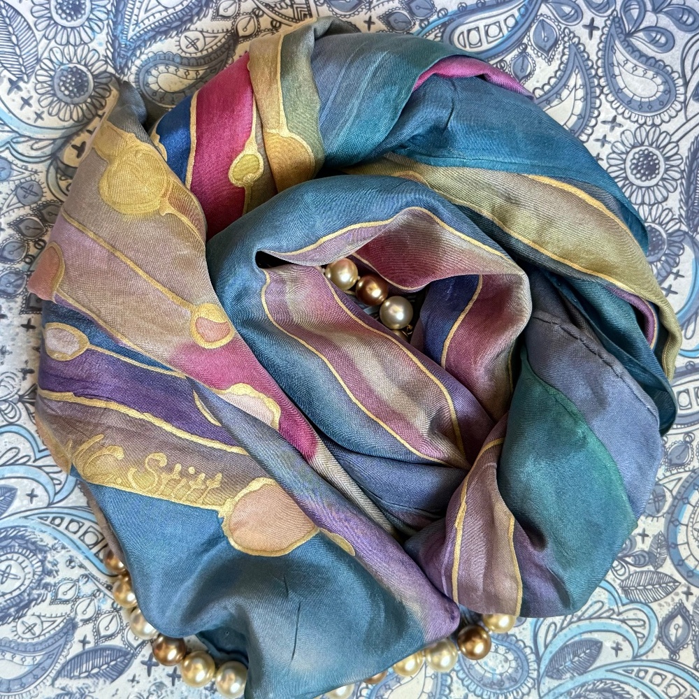 ARTISAN Hand Painted Silk Scarf Watercolor Pastel Geometric Oblong 56" x 11"